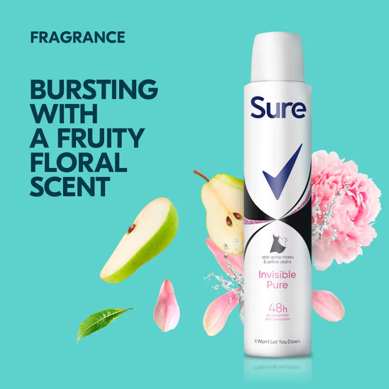 Sure Women Invisible Pure 48H Antiperspirant Deodorant Spray 200ml Long-Lasting Odor & Sweat Protection