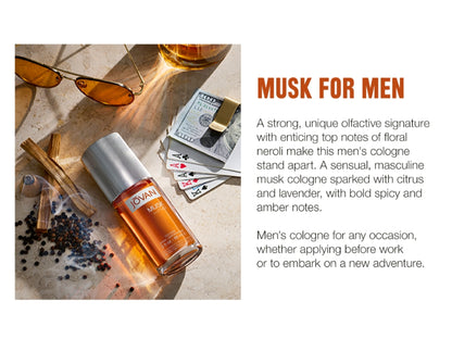 Jovan Musk Original for Men Eau de Cologne Spray 88ml - Long Lasting Classic Masculine Musky Fragrance