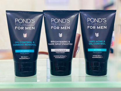PONDS Pond’s Men Oil Control & Comedo Removal Icy Scrub Face Wash 100g - With Sea Salt & Niasorcinol for Clear, Refreshed Ski