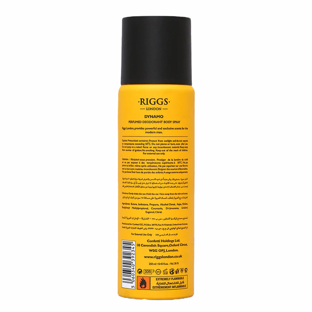 Riggs London Dynamo Perfumed Deodorant Body Spray 250ml Long-Lasting Fresh & Masculine Fragrance