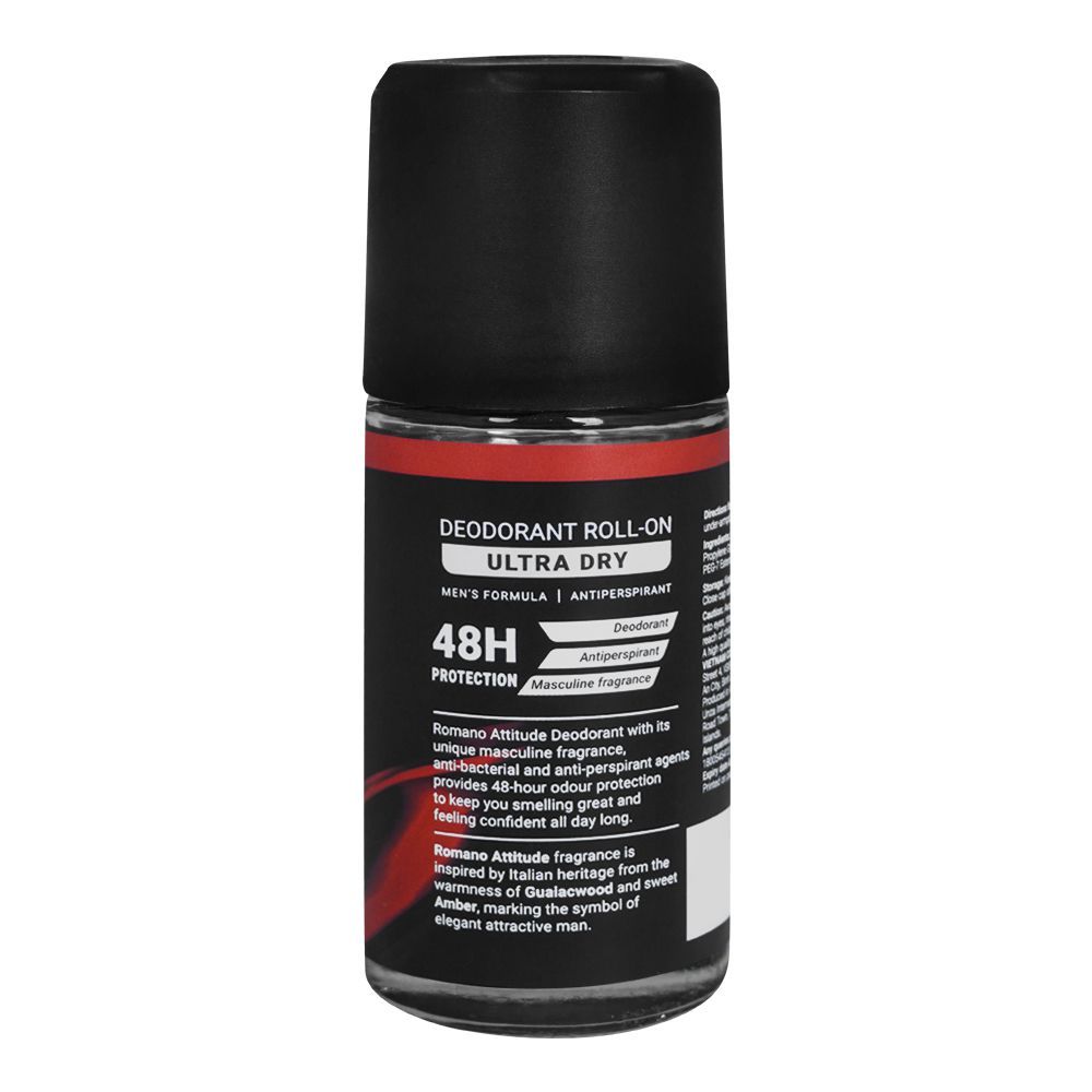 Romano Attitude Ultra Dry Deodorant Roll On 50ml - Long Lasting Anti Perspirant for Men with Sweat Control, Fresh Masculine F