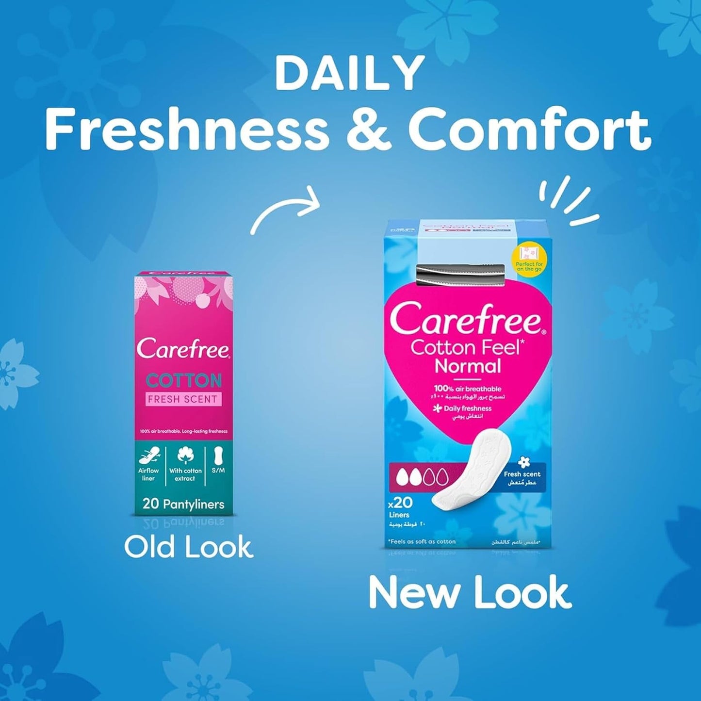 Carefree Cotton Feel Normal Pantyliners 20pcs – Unscented Daily Liners with Air Breathable Comfort for Everyday Freshness, Co