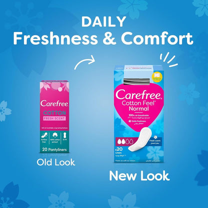 Carefree Cotton Feel Normal Pantyliners 20pcs – Unscented Daily Liners with Air Breathable Comfort for Everyday Freshness, Co