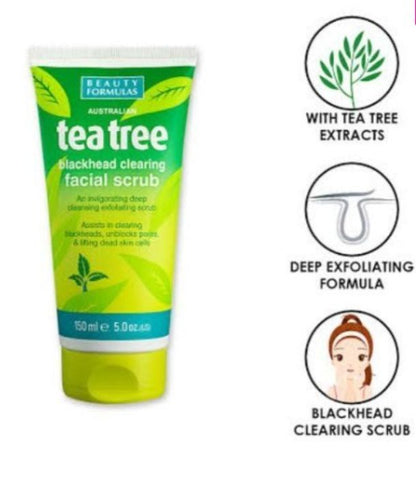 Beauty Formulas Tea Tree Facial Scrub 150ml - Deep Cleansing Exfoliating Face Scrub for Acne Control, Oil Control & Smooth Cl