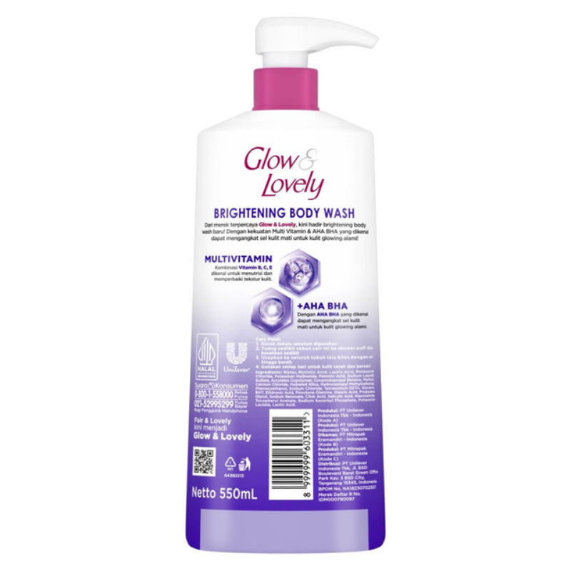 Glow & Lovely Multivitamin + AHA BHA Body Wash 550ml – Gentle Scrub & Exfoliating Shower Gel for Natural Glowing Skin