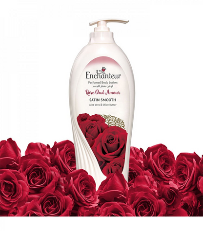 Enchanteur Rose Oud Amour Body Lotion 500ml with Aloe Vera & Olive Butter - Deep Moisturizing Perfumed Lotion for Soft, Smoot