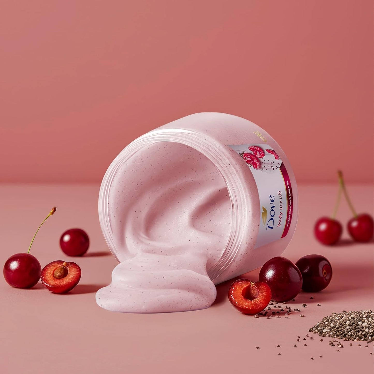 Dove Exfoliating Body Scrub Crushed Cherries & Chia Milk 15oz - Body Polish for Smooth, Soft & Glowing Skin
