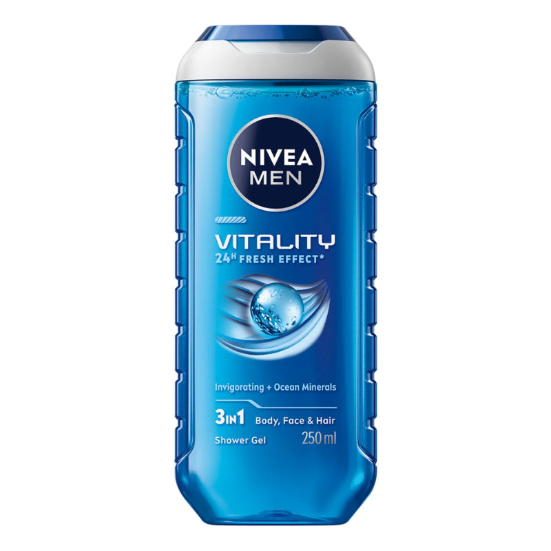 Nivea Men Vitality 24H Fresh Effect 3 in 1 Body, Face & Hair Shower Gel 250ml - Energizing All-in-One Cleanser for Men