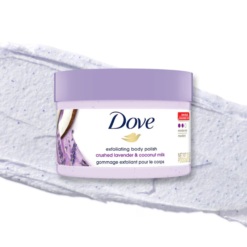 Dove Exfoliating Body Polish Crushed Lavender & Coconut Milk 298g – Gommage Exfoliant Pour Le Corps for Smooth Soft Skin