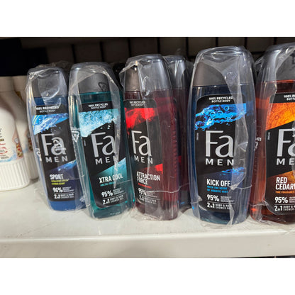 Fa Men Kick Off Aquatic Mint 2-in-1 Body & Hair Shower Gel 250ml - 95% Naturally Derived Ingredients, 100% Recycled Bottle