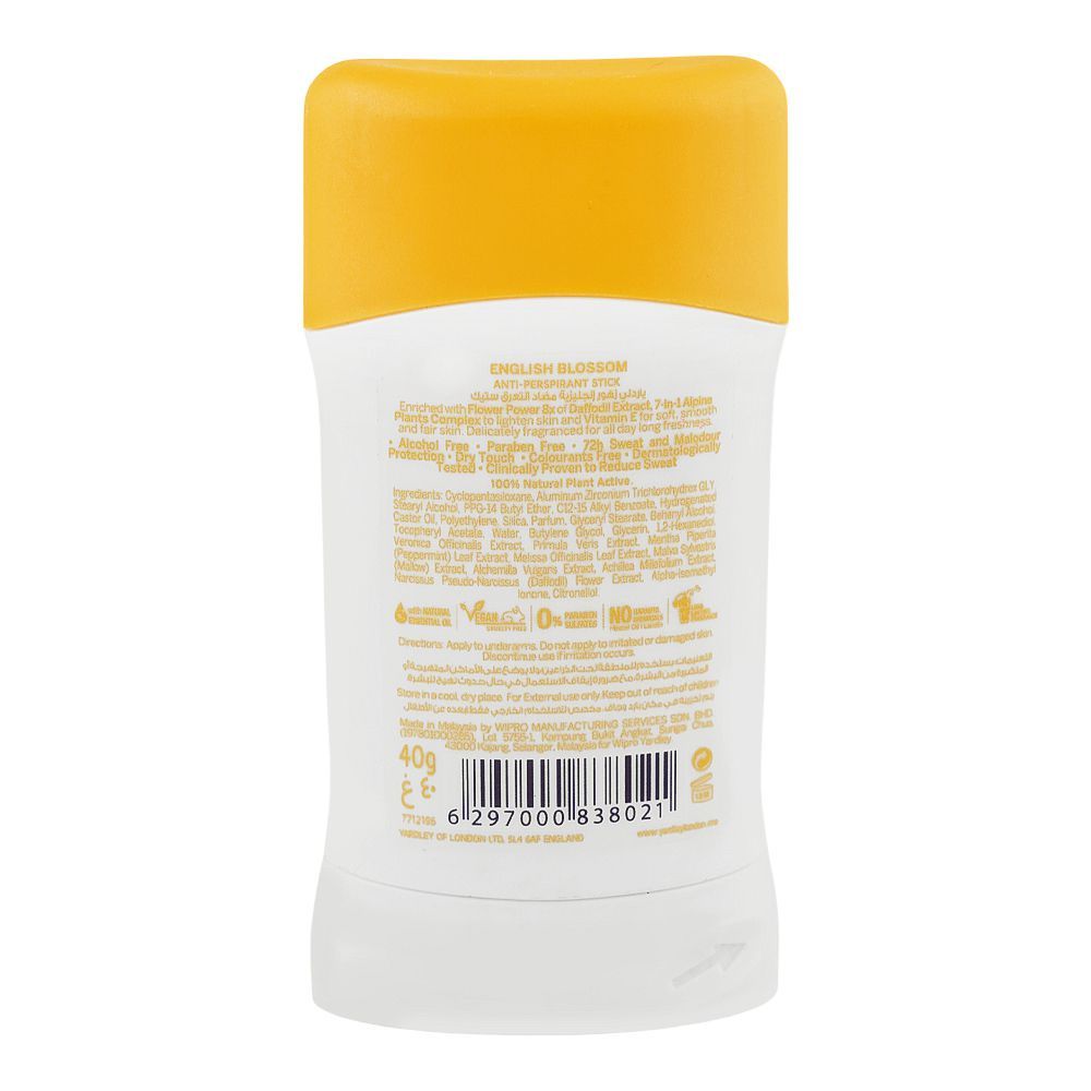 Yardley London English Blossom Anti-Perspirant Deodorant Stick 40g – Long Lasting Floral Fragrance with 72 Hour Sweat Protect