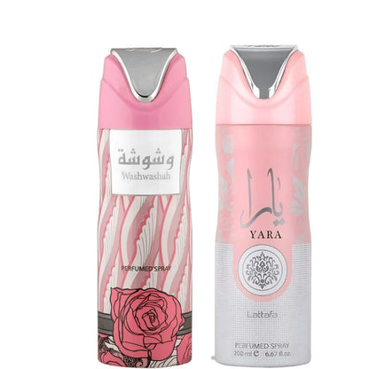 Yara Pink Women Deodorant Spray 200ml + Washwashah Deodorant Spray 200ml by Lattafa (Pack of 2)