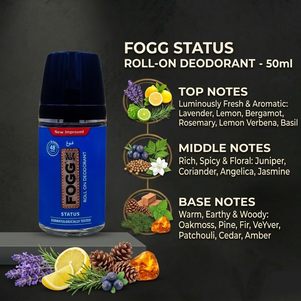 Fogg New Improved 48H Deodorant Roll On Status 50ml - Long Lasting Fresh & Odor Protection Antiperspirant