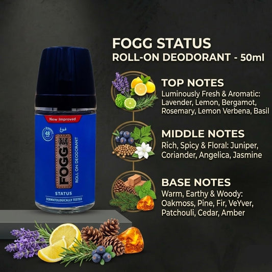Fogg New Improved 48H Deodorant Roll On Status 50ml - Long Lasting Fresh & Odor Protection Antiperspirant