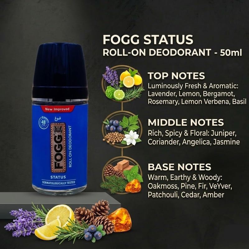 Fogg New Improved 48H Deodorant Roll On Status 50ml - Long Lasting Fresh & Odor Protection Antiperspirant