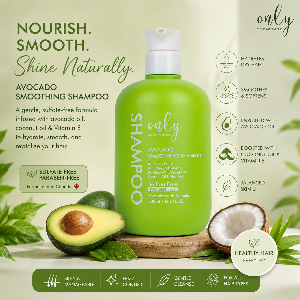Only Avocado Smoothing Shampoo 500ml - Deep Nourishing Hair Care Shampoo for Frizz Control, Soft Smooth Hair, Dry Hair Repair