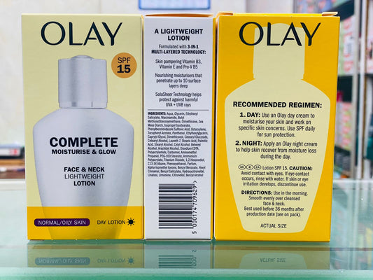 Olay SPF 15 Complete Moisturise & Glow Face & Neck Lotion 100ml - Lightweight Day Lotion for Normal to Oily Skin