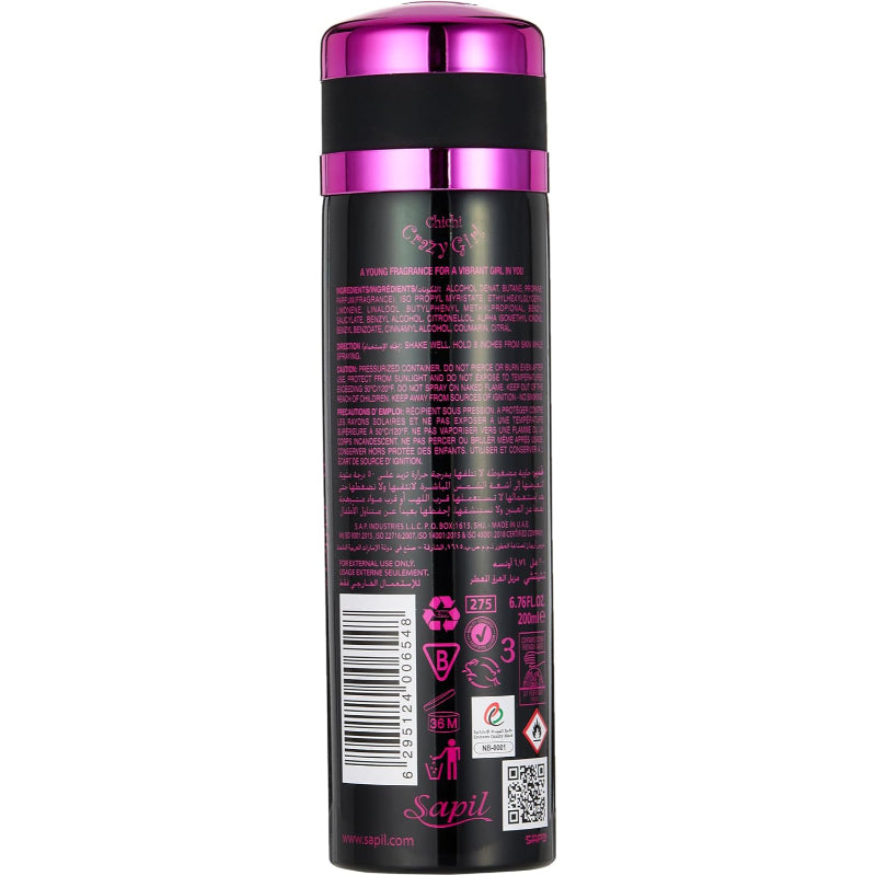 Chichi Crazy Girl Body Spray 200ml – Long Lasting Sweet Floral Fragrance Mist for Women with All Day Freshness, Odor Protecti