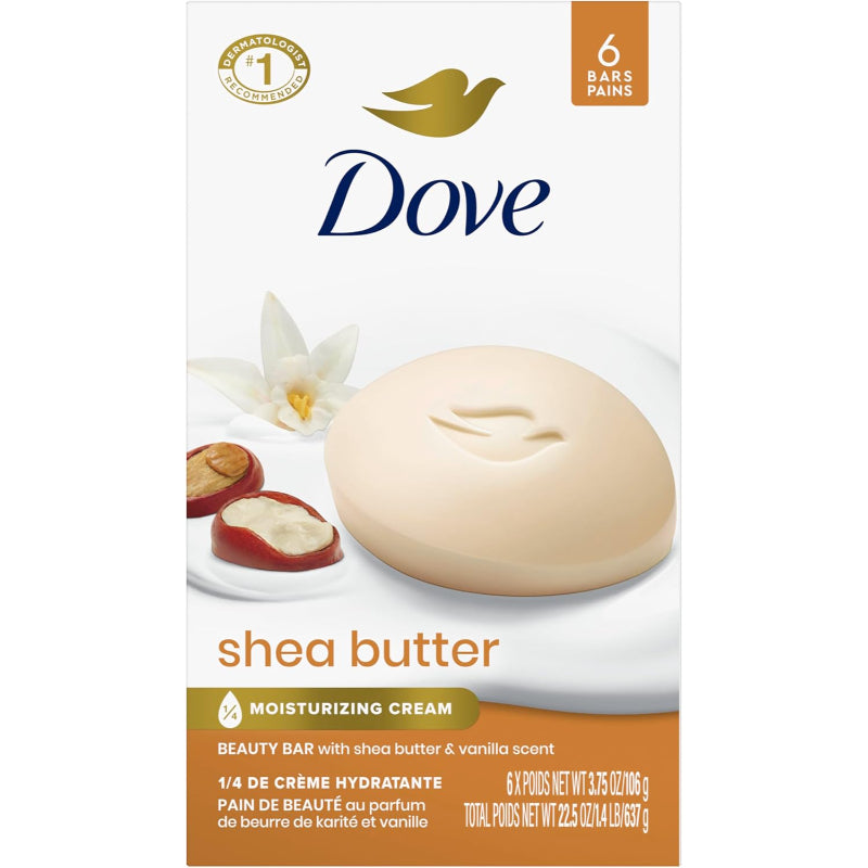 Dove Shea Butter Moisturizing Cream Beauty Bar With Shea Butter & Vanilla Extract 106g (Pack of 6 Soap Bars)