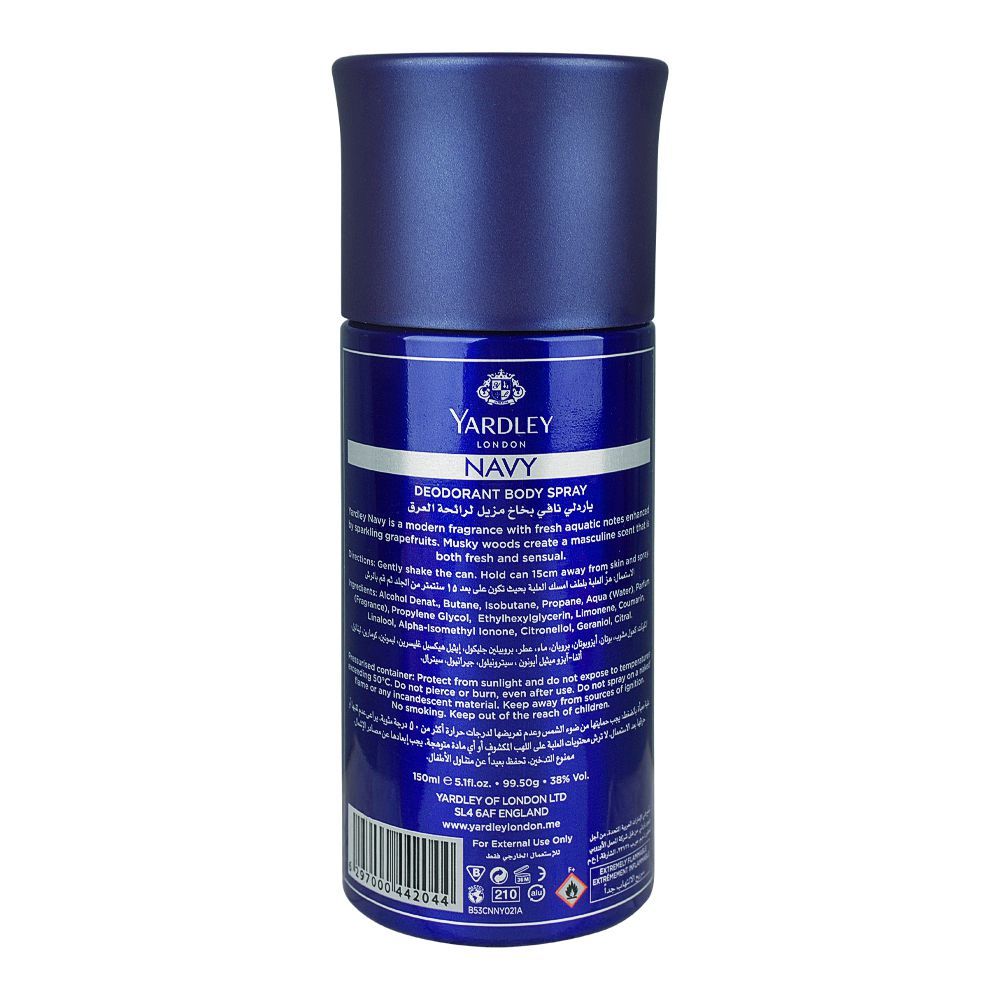 Yardley London Navy Body Spray for Men 150 ml  Fresh Masculine Fragrance & Long‑Lasting Freshness
