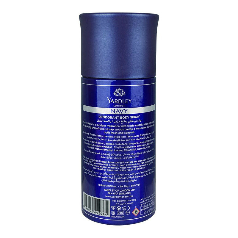 Yardley London Navy Body Spray for Men 150 ml Fresh Masculine Fragrance & Long‑Lasting Freshness