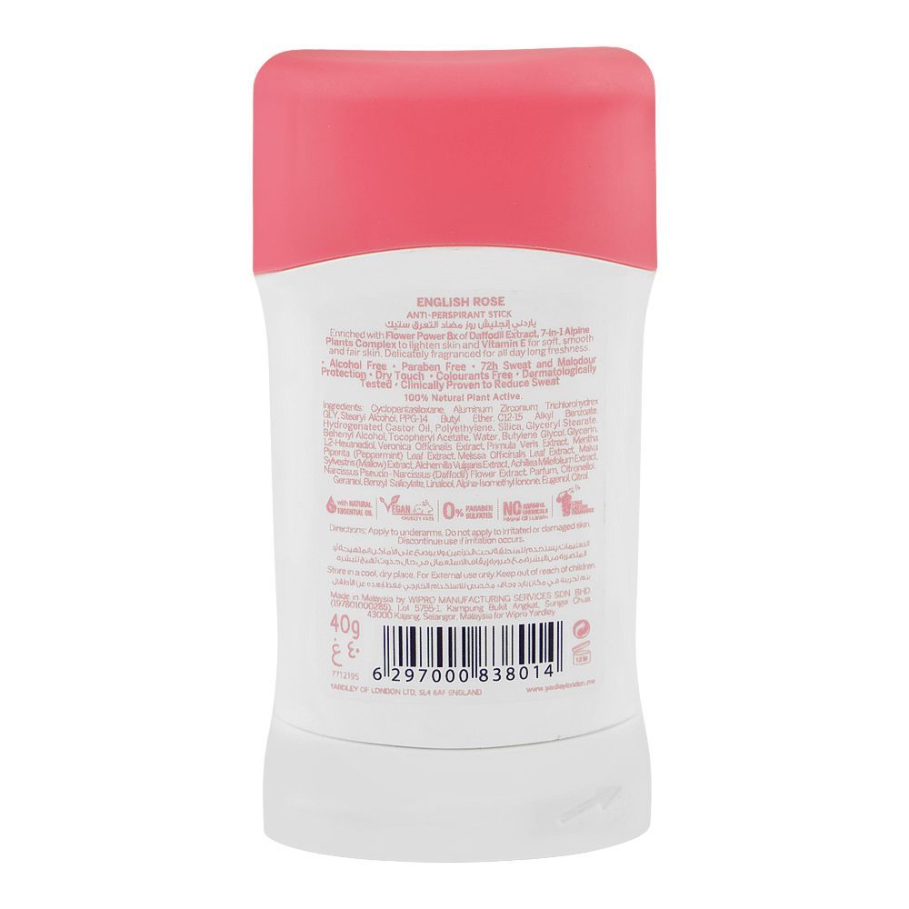 Yardley London English Blossom Anti-Perspirant Deodorant Stick 40g – Long Lasting Floral Fragrance with 72H Odor Protection, 
