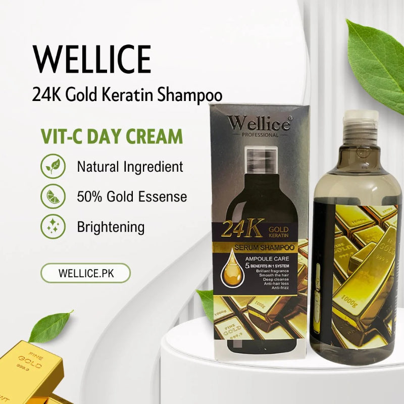 Wellice 24K Gold Keratin Serum Shampoo Ampoule Care 500ml - Deep Repair & Strengthening Hair Care for Smooth, Shiny & Healthy