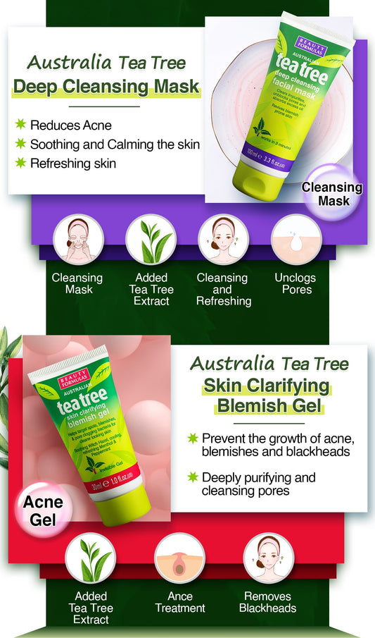 Beauty Formulas Tea Tree Facial Mask 100ml - Deep Cleansing Face Mask for Oil Control, Acne Care, Pore Purifying & Fresh Clea