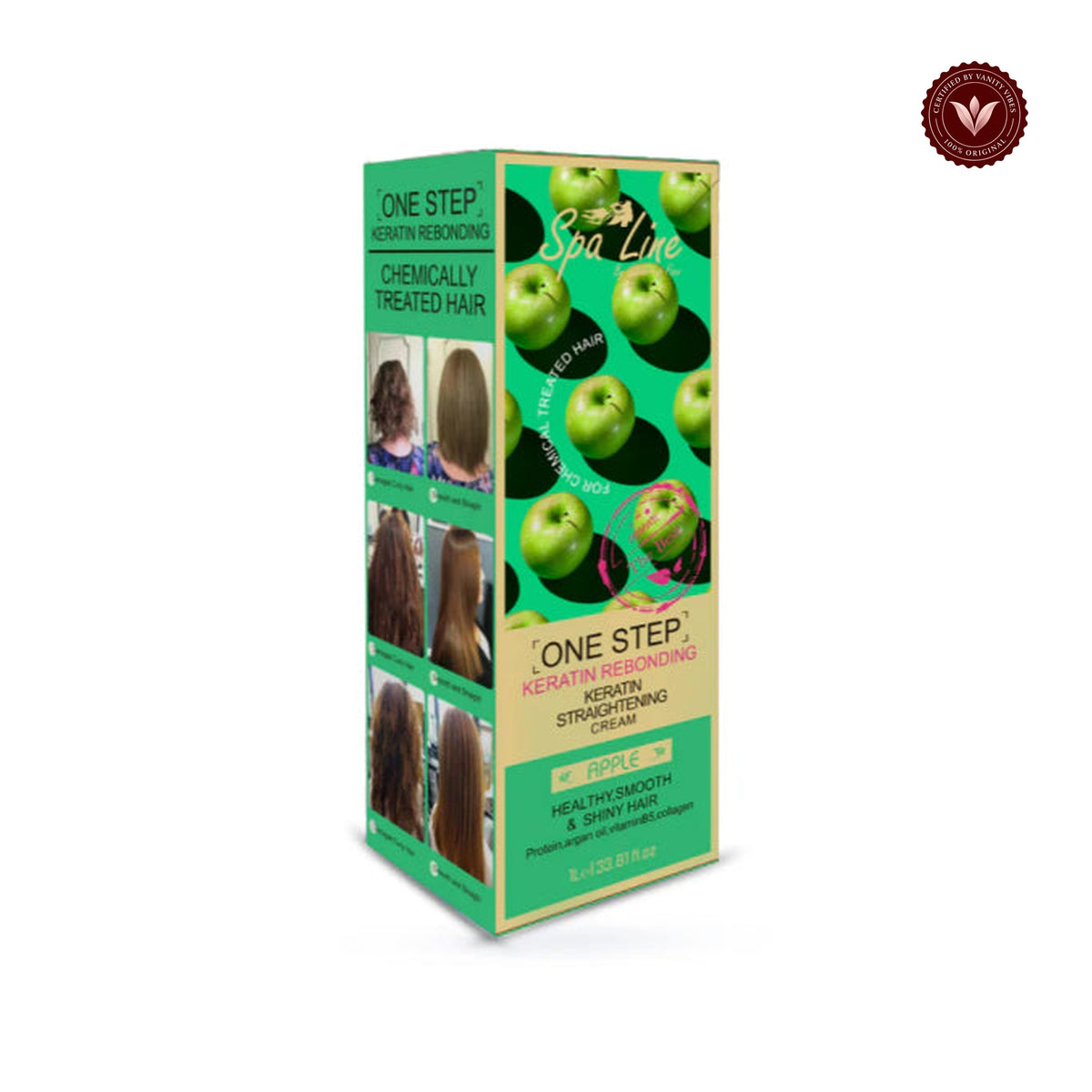 Spa Line By Glamorous Face One Step Keratin Rebonding, Straightening Cream Apple 1000 ml product photo on white background with Vanity Vibes badge