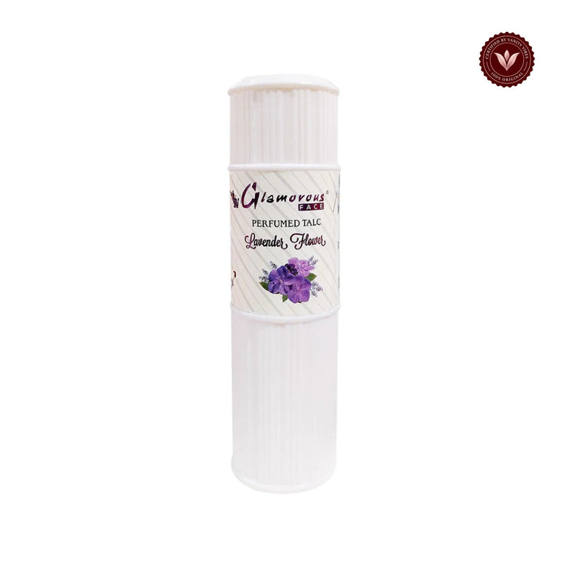 Glamorous Face Talcum Powder Large (Lavender Flower) white-background product image with Vanity Vibes badge