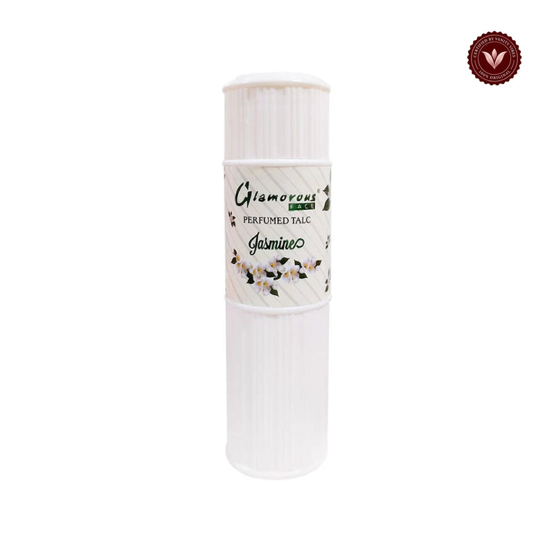 Glamorous Face Talcum Powder Large (Jasmine) white-background product image with Vanity Vibes badge