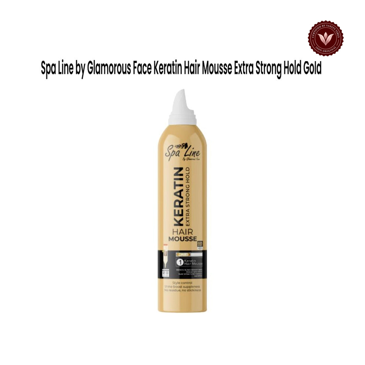 Spa Line by Glamorous Face Keratin Hair Mousse Extra Strong Hold Gold white-background product image with Vanity Vibes badge