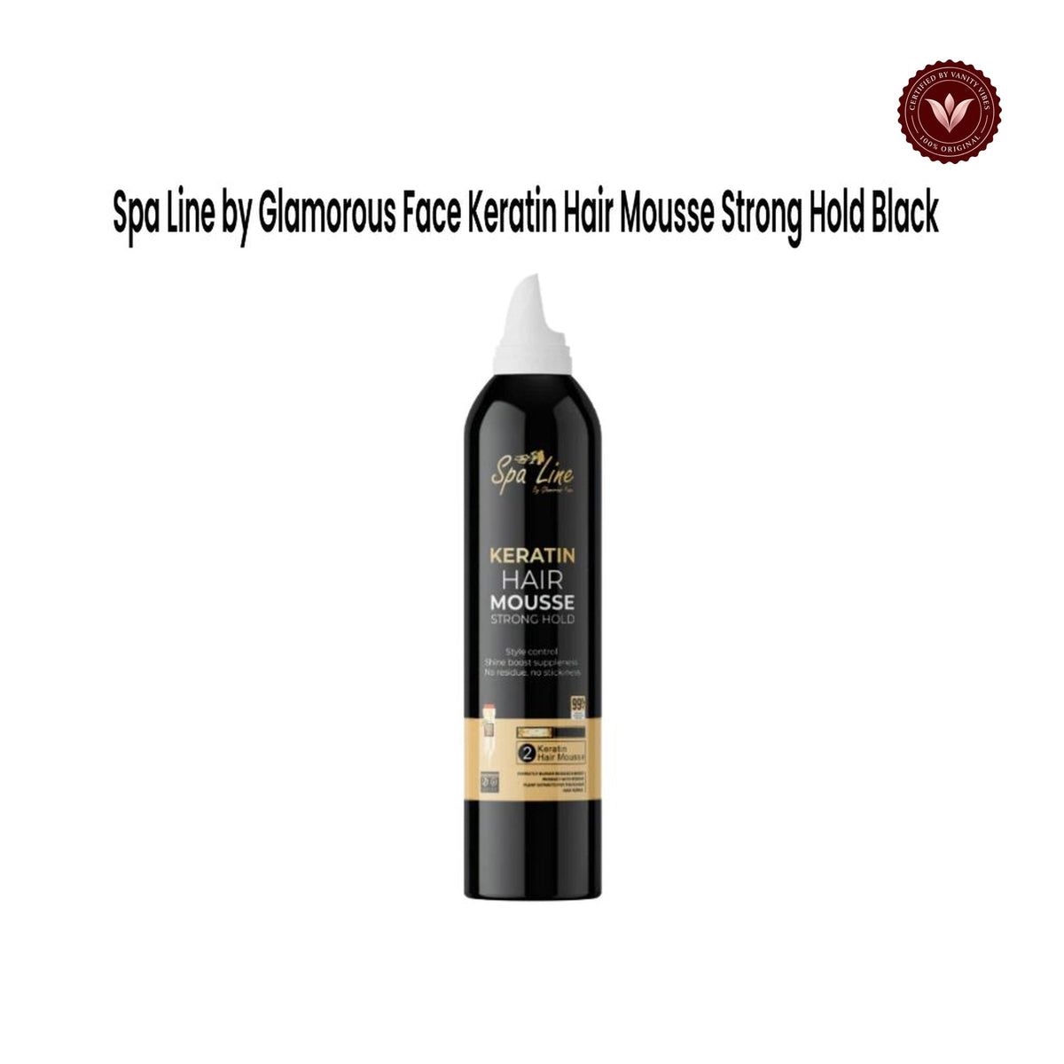Spa Line By Glamorous Face Keratin Hair Mousse Strong Hold Black white-background product image with Vanity Vibes badge