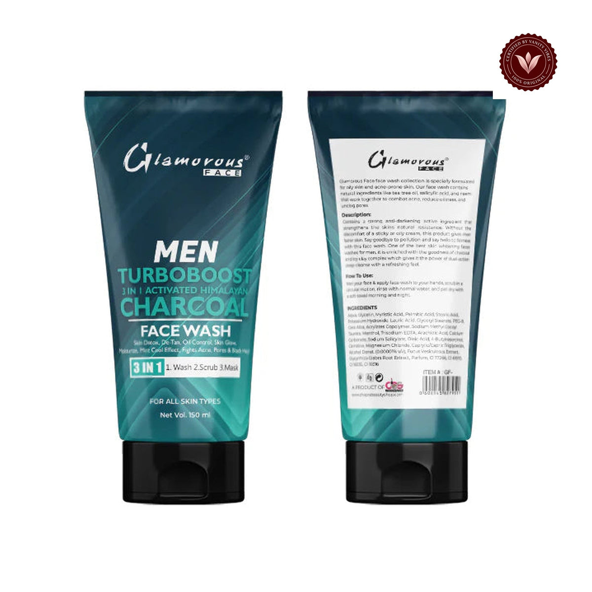 Glamorous Face Men Face Wash Turbo Boost Charcoal 3-in-1 white-background product image with Vanity Vibes badge