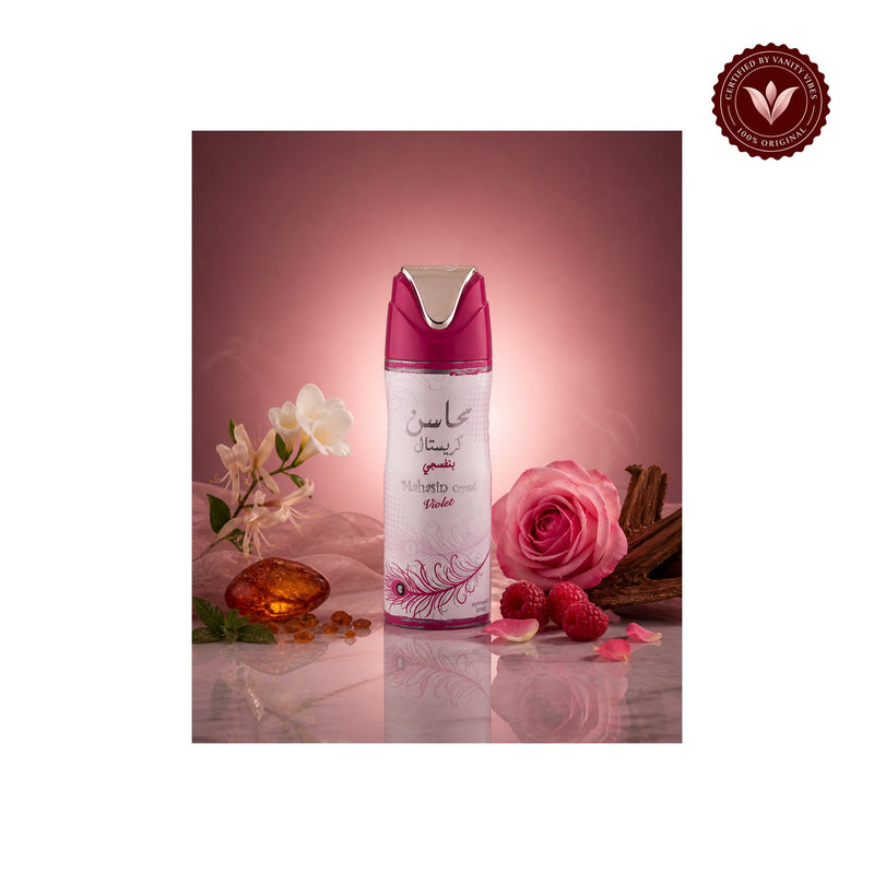 Lattafa Mahasin Crystal Violet Deodorant 200ml promotional alternate product image with Vanity Vibes authenticity badge