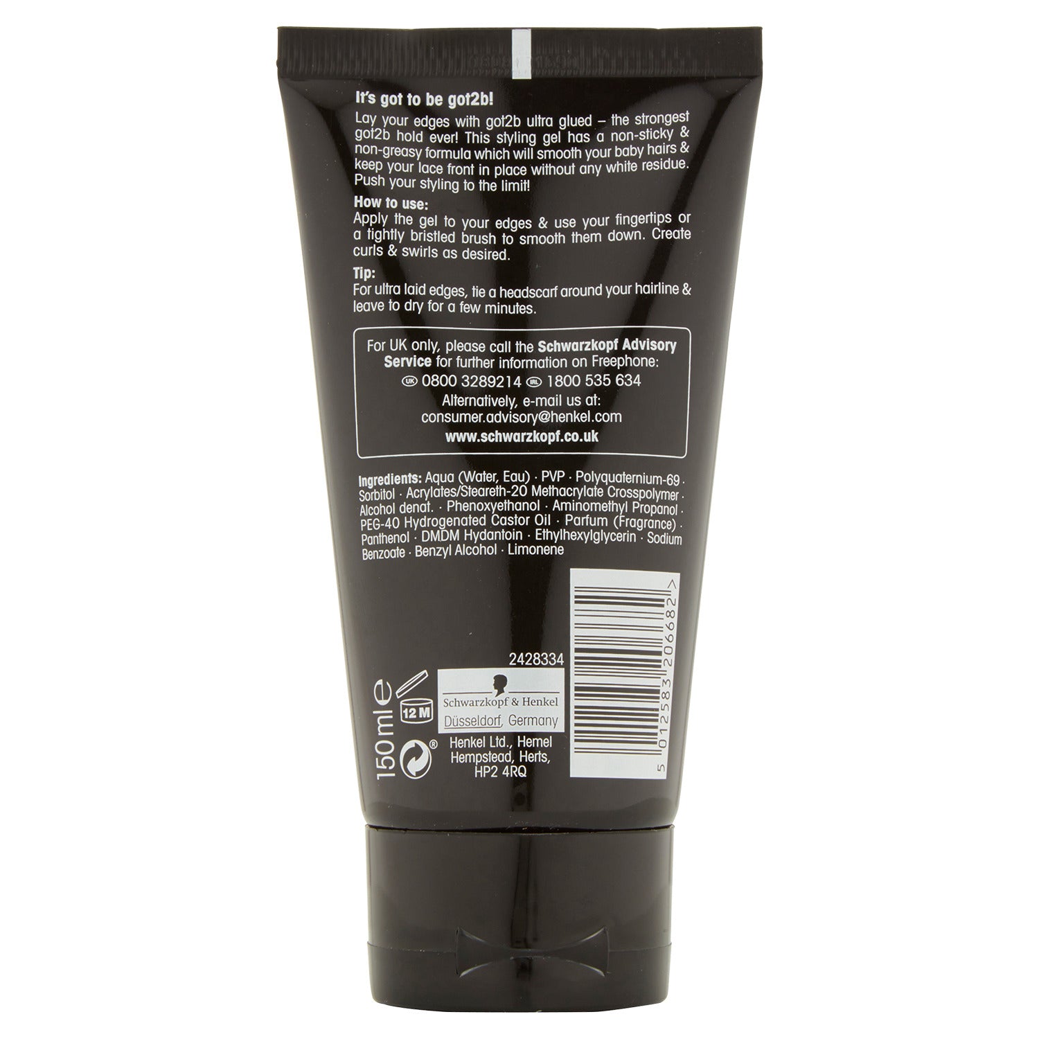 Schwarzkopf Got2b Glued Ultra Styling Hair Gel 150ml Extra Strong Hold & Long-Lasting Style