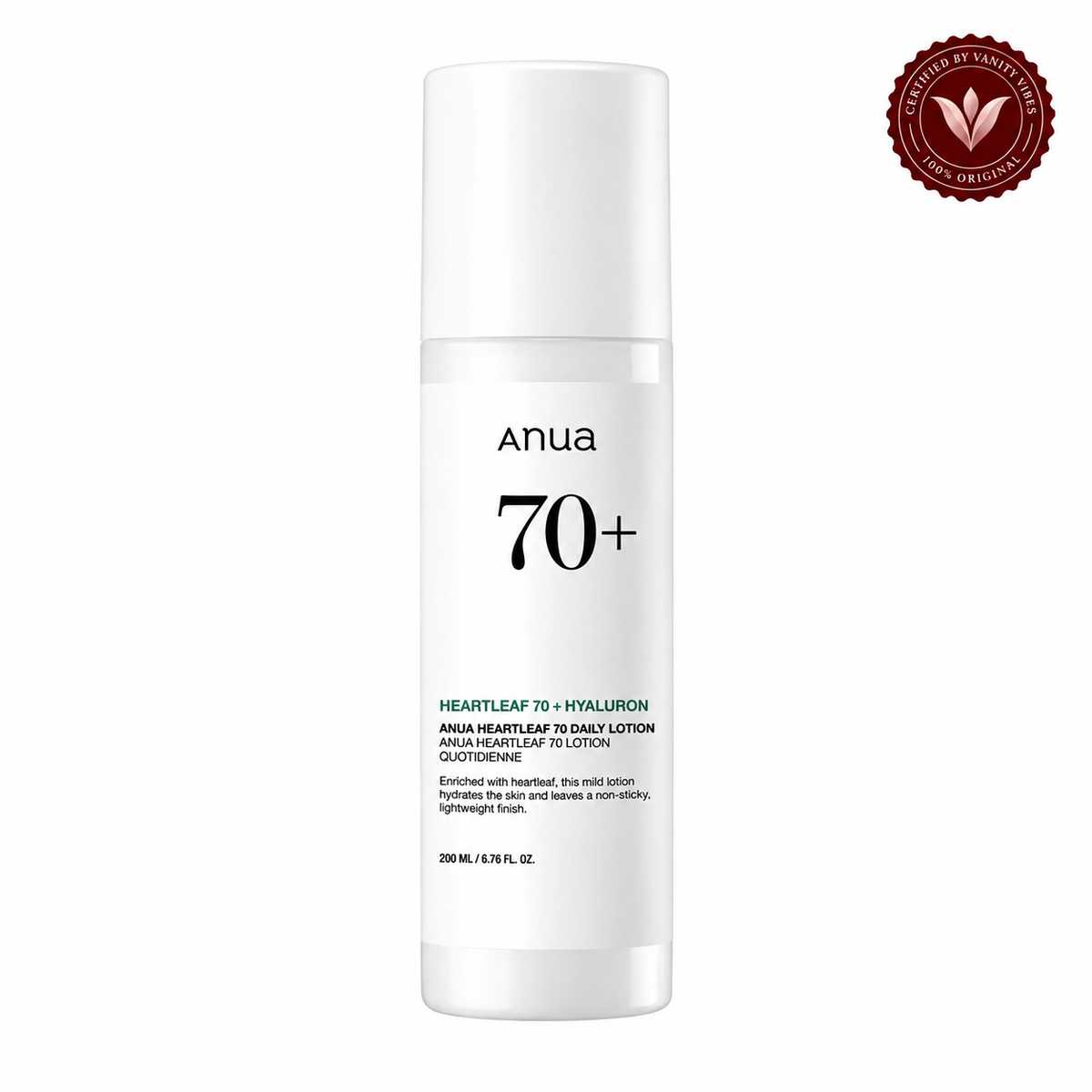 Anua Heartleaf 70+ Hyaluron Daily Lotion 200 ml Deep Hydration & Soothing Care (K Beauty) — Vanity Vibes sealed product photo