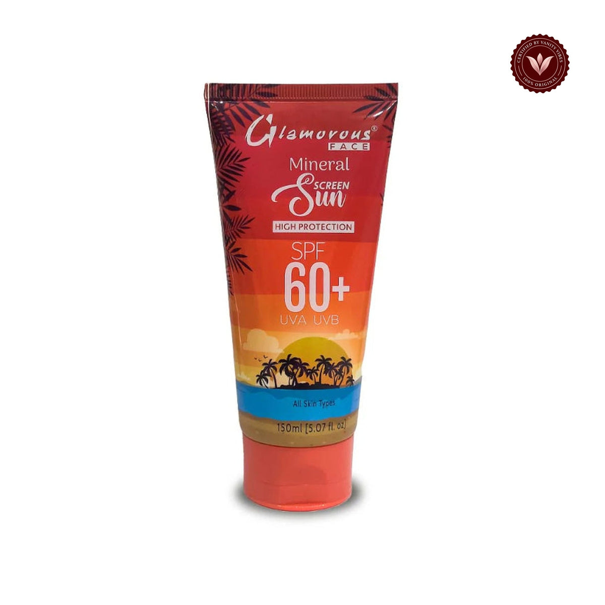 Glamorous Face Sunscreen Lotion , Sunblock SPF 60+ UVA UVB 150ml white-background product image with Vanity Vibes badge