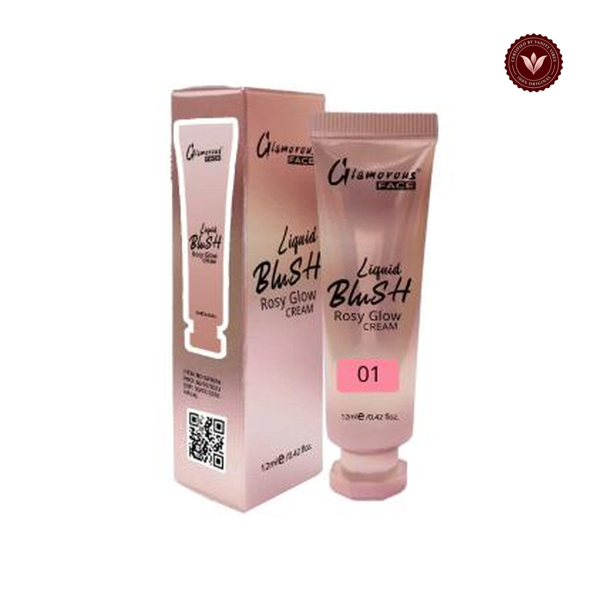 Glamorous Face Rosy Glow Liquid Blush Cream 12ml (Shade:01) white-background product image with Vanity Vibes badge