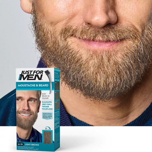 Just for Men Moustache & Beard Easy Brush-In Color M-25 Light Brown - Restores Original Color | 14g Color Base + 14g Develope