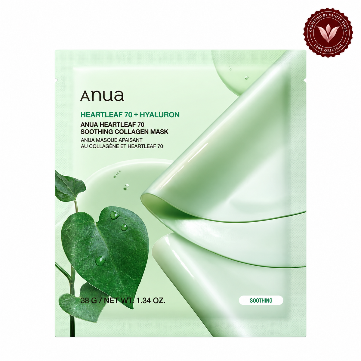 Anua Heartleaf 70+ Hyaluron Collagen Mask 38 g Soothing Hydration & Skin Repair (K Beauty) — Vanity Vibes sealed product photo