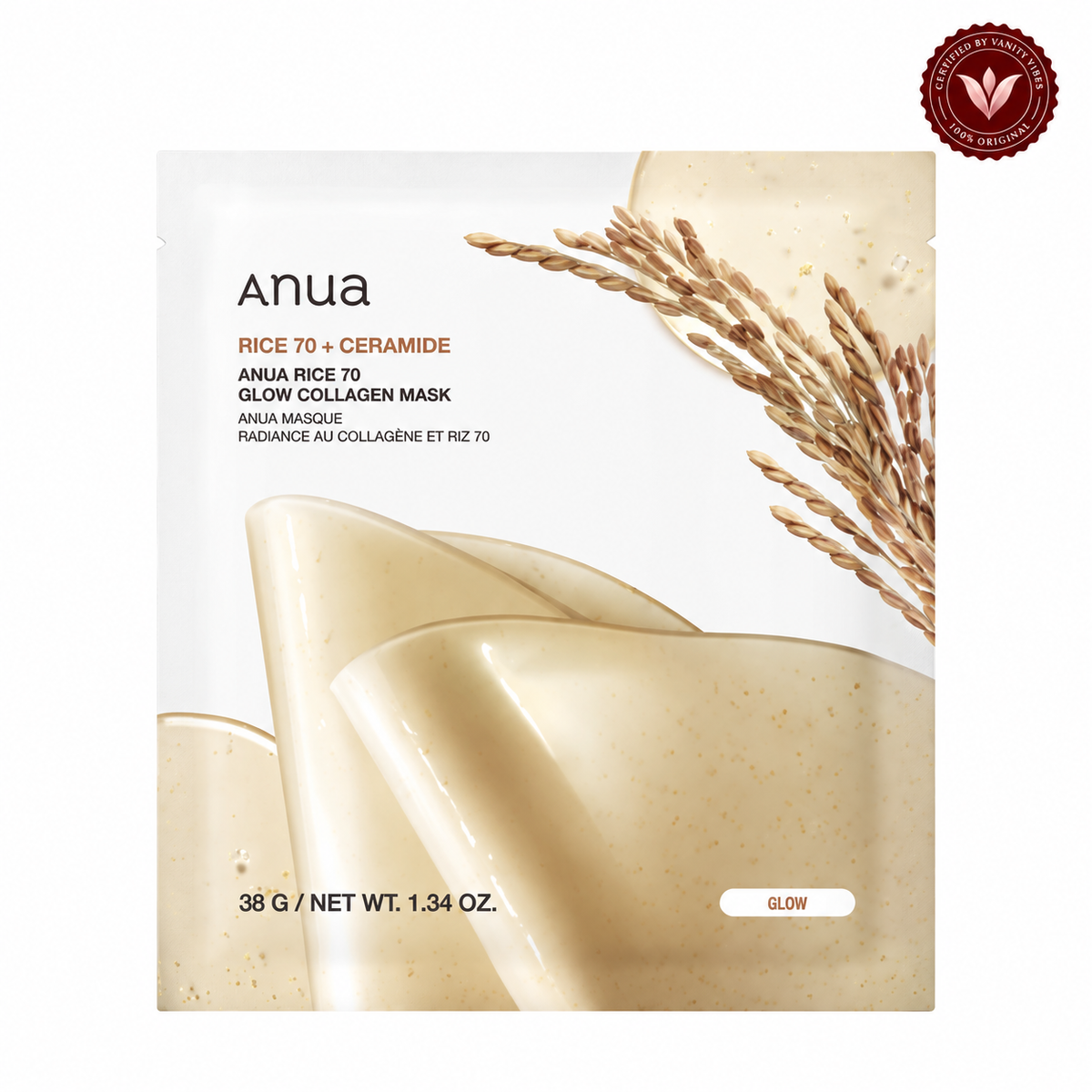 Anua Rice 70+ Ceramide Glow Collagen Mask 38 g Brightening Nourishment & Skin Barrier Care (K Beauty) — Vanity Vibes sealed product photo