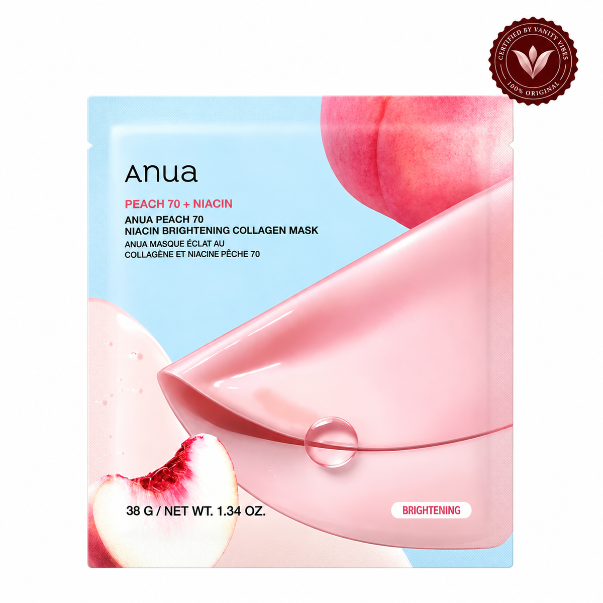 Anua Peach 70+ Niacin Brightening Collagen Mask 38 g Radiance Boost & Even Skin Tone (K Beauty) — Vanity Vibes sealed product photo