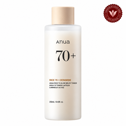 Anua Rice 70 + Ceramide Glow Milky Toner 250 ml Brightening Hydration & Skin Barrier Support (K Beauty) — Vanity Vibes sealed product photo