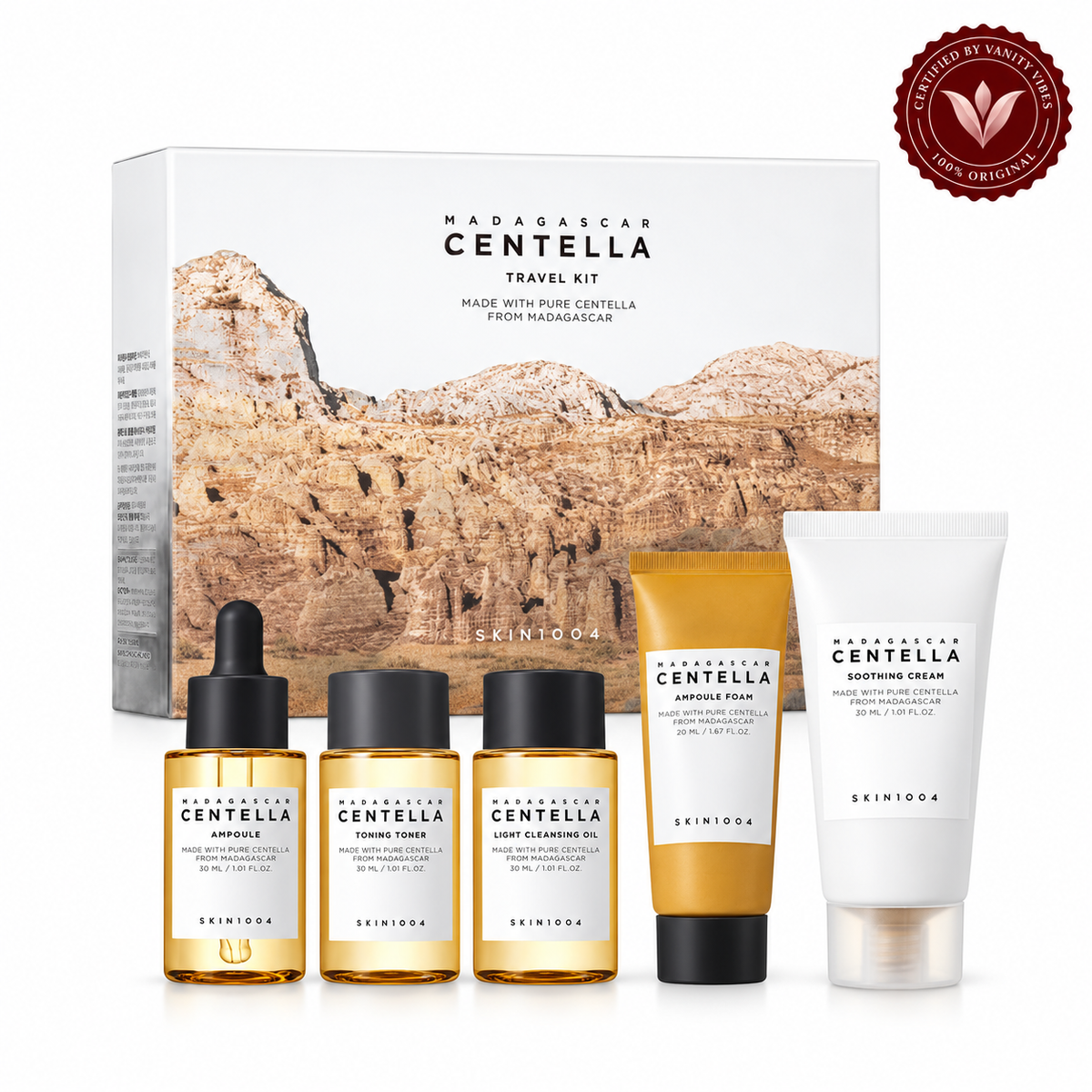 SKIN1004 Madagascar Centella Travel Kit on white background with Vanity Vibes seal