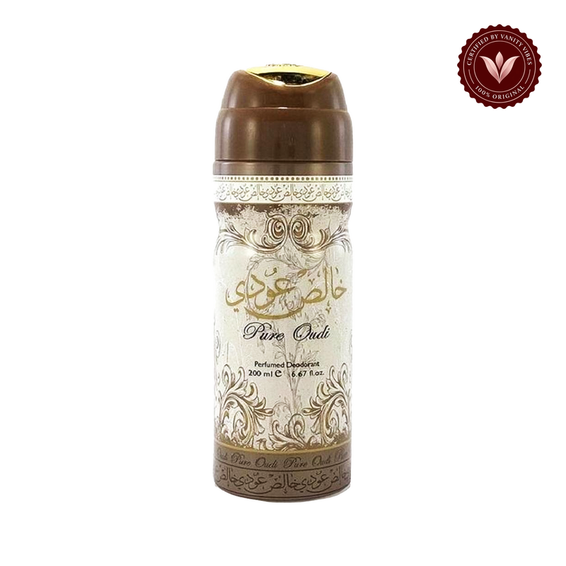 Lattafa Pure Oudi 200ml — single front bottle on white, with Vanity Vibes badge