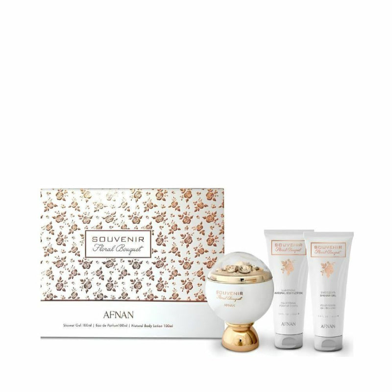 Afnan Souvenir Floral Bouquet Gift Set, EDP 100ml / Shower gel 100ml / Natural Body Lotion 100ml