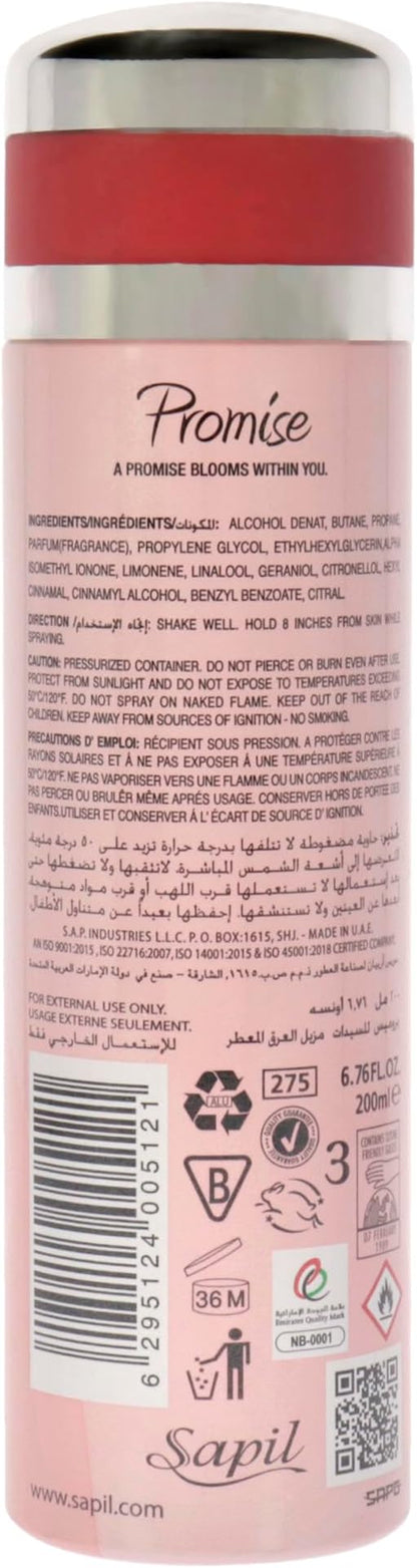 Sapil Promise Deodorant Body Spray for Women 200ml - Long Lasting Floral Feminine Fragrance Spray with All Day Freshness, Odo