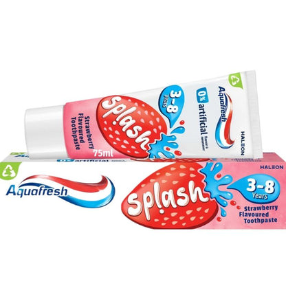 Aquafresh 0% Artificial Flavour & Sweetener Splash Strawberry Toothpaste 3 - 8 Years 75ml - Gentle 24hr Protection Kids Tooth