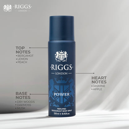 Riggs London Power Perfumed Deodorant Body Spray 250ml Long-Lasting Bold & Energetic Fragrance